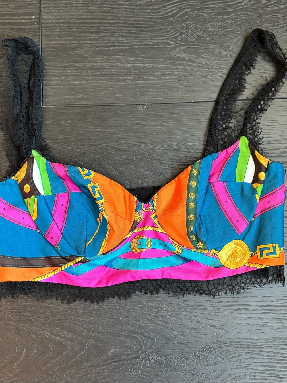 Versace Black Lace-Trim Multicolor Silk Accent Bralette